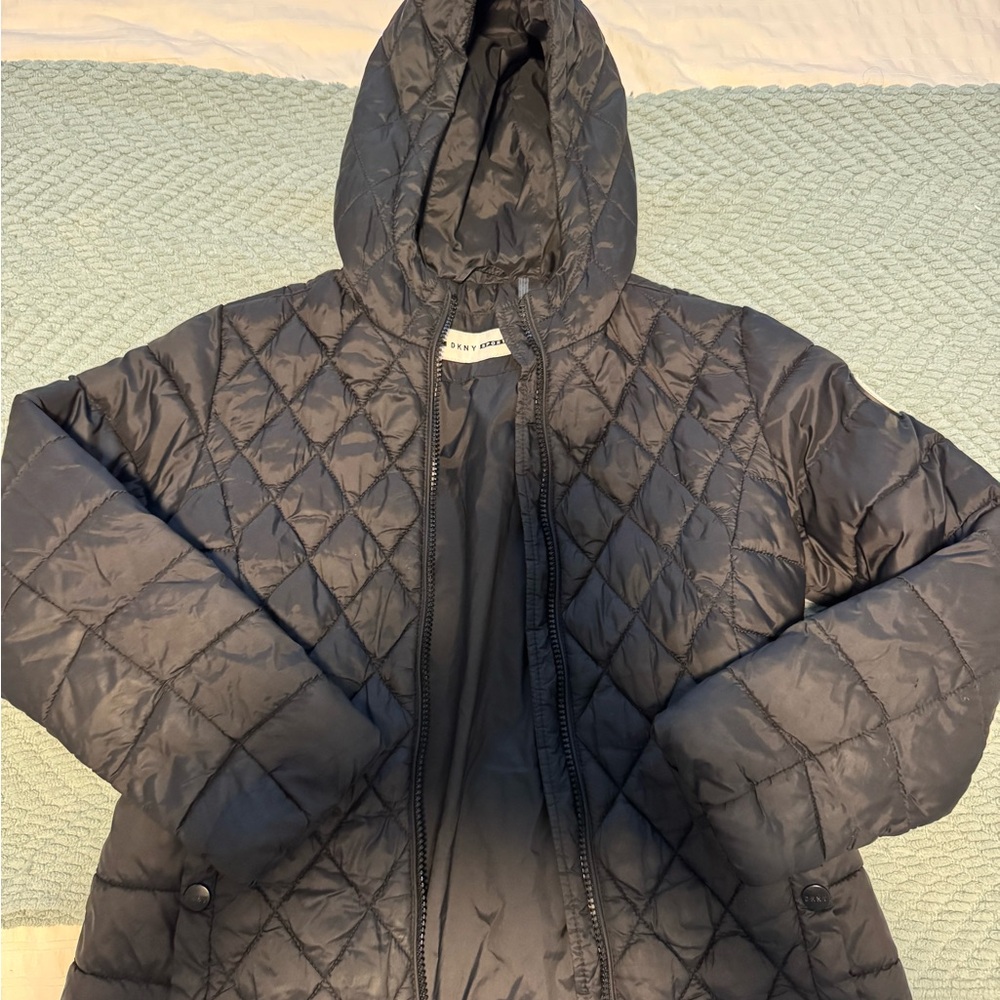 Black Quilted Hooded Jacket DKNY 7/8 size S
